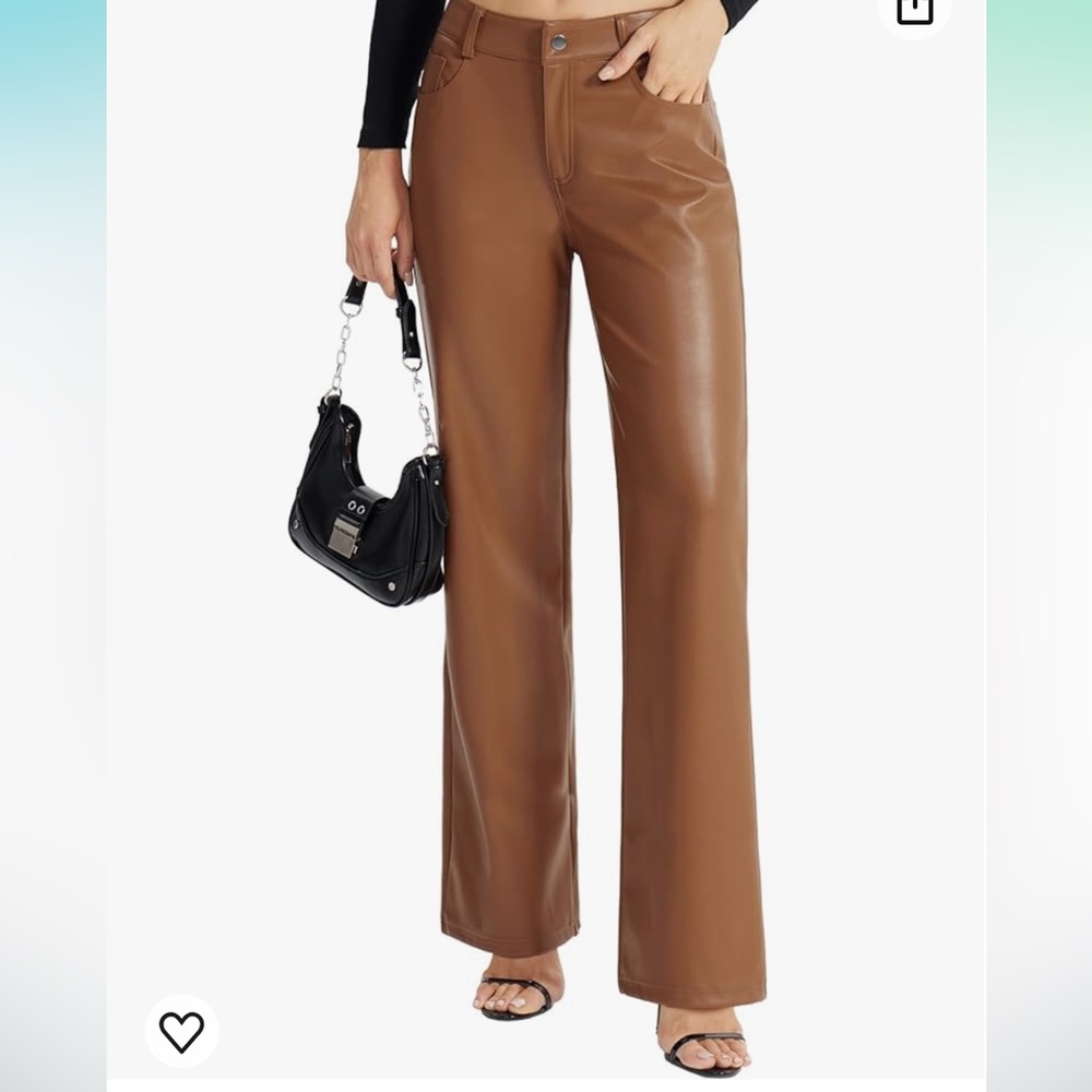 Faux Leather Pants Button PU Jeans Straight Wide Leg Trousers with Pockets